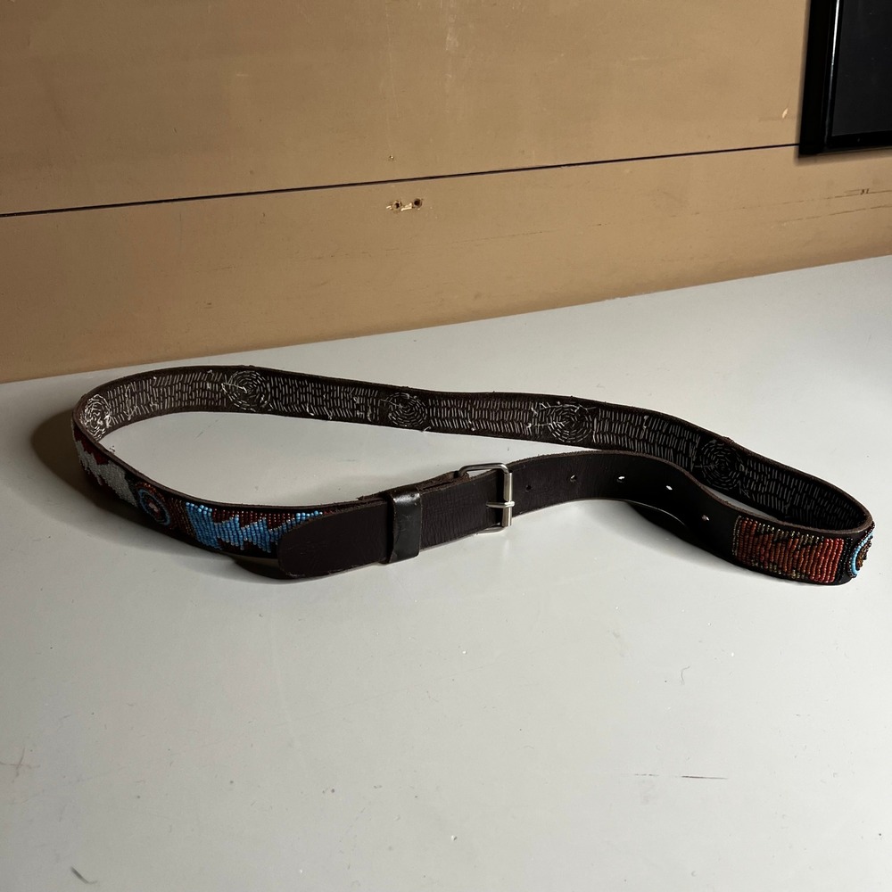 Vintage Southwestern Beaded Leather Belt Brown Geometric Native Style 33-37 Inch